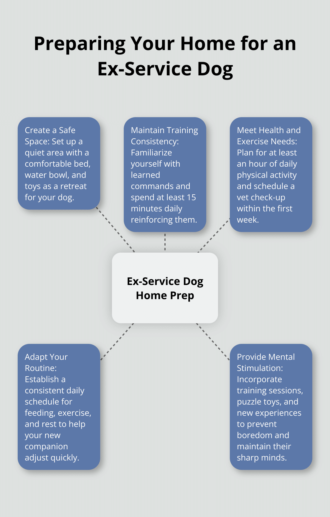 Hub and spoke chart showing key aspects of preparing your home for an ex-service dog - adopt service dogs that failed