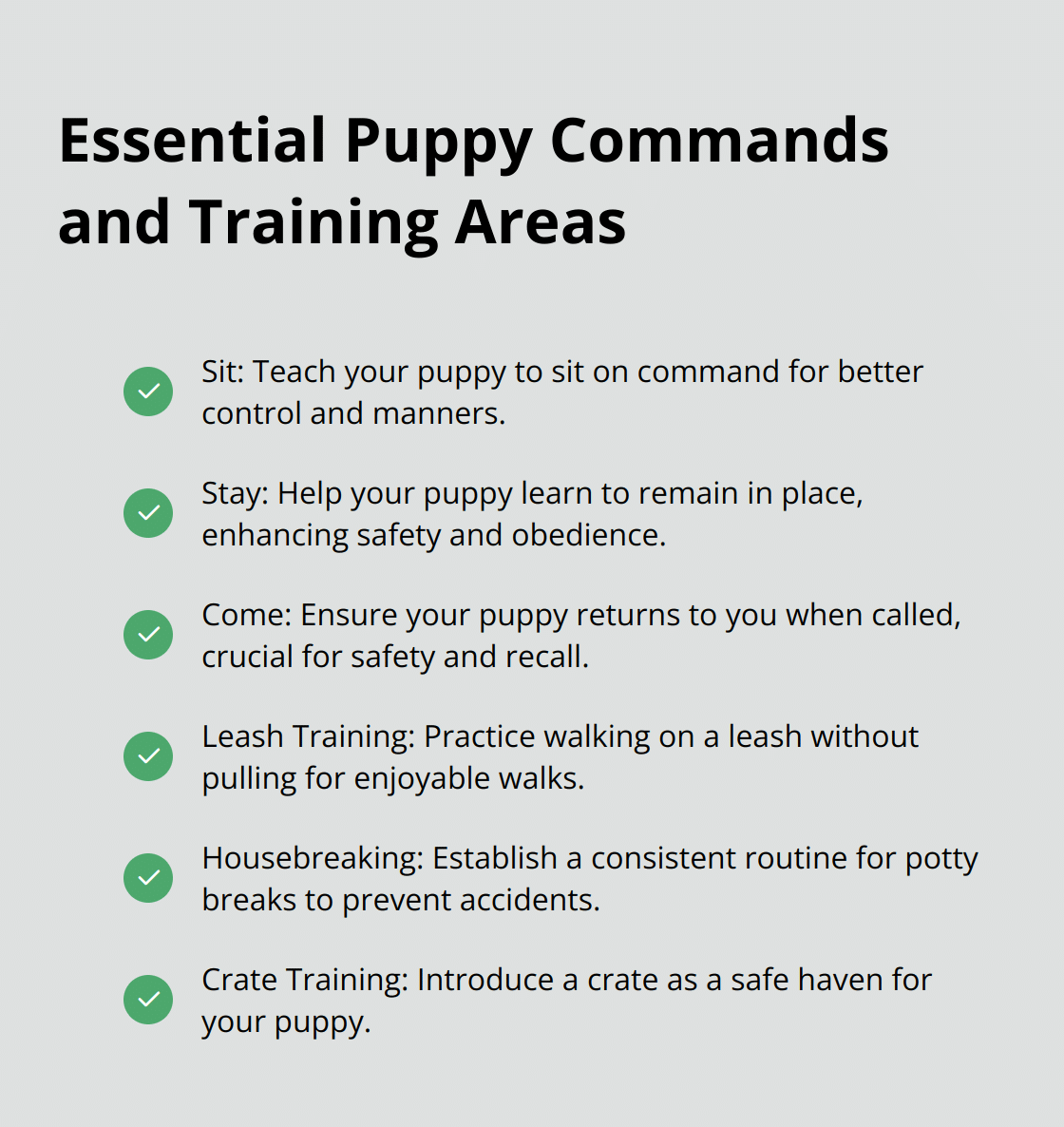 Checkmark list of essential commands and training areas for puppies, including sit, stay, come, leash training, and housebreaking. - dog training tips puppy