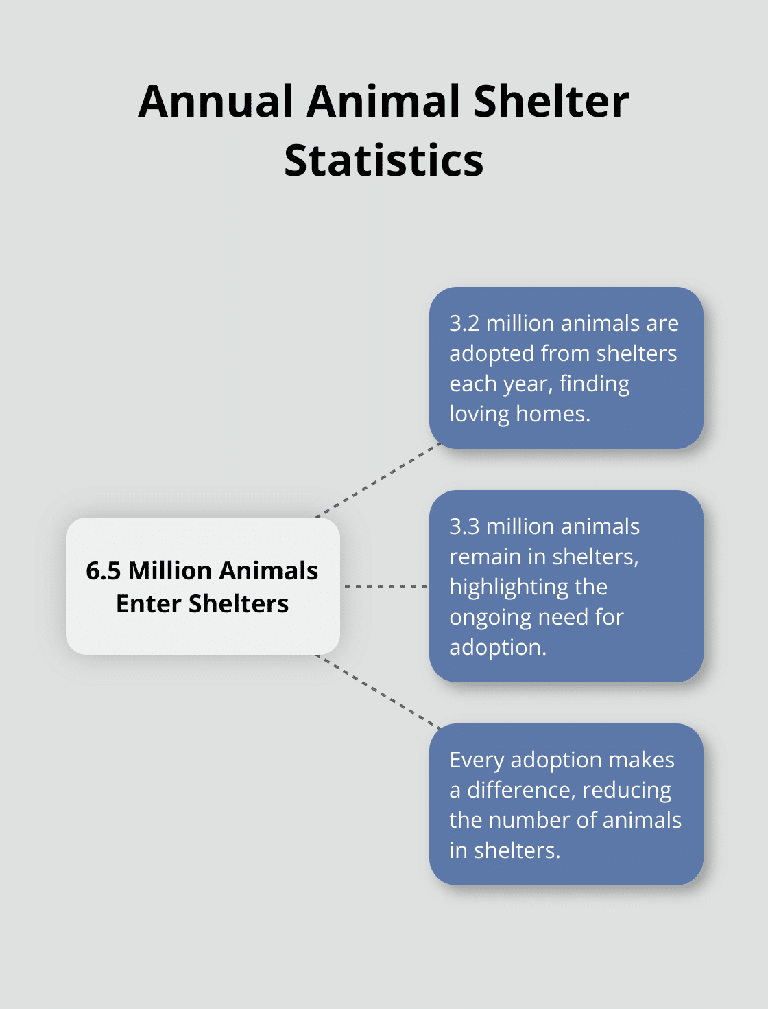 Hub and spoke chart showing 6.5 million animals enter shelters, with 3.2 million adopted and 3.3 million remaining
