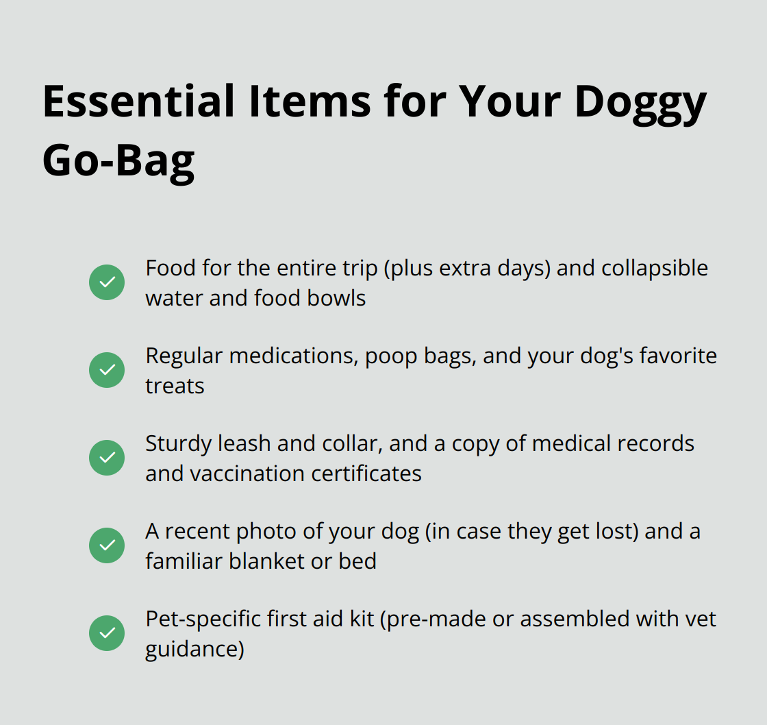 Checklist of essential items to pack in a doggy go-bag for a road trip, including food, water bowls, medications, poop bags, treats, leash and collar, medical records, photo, and blanket. - road trip with dog tips