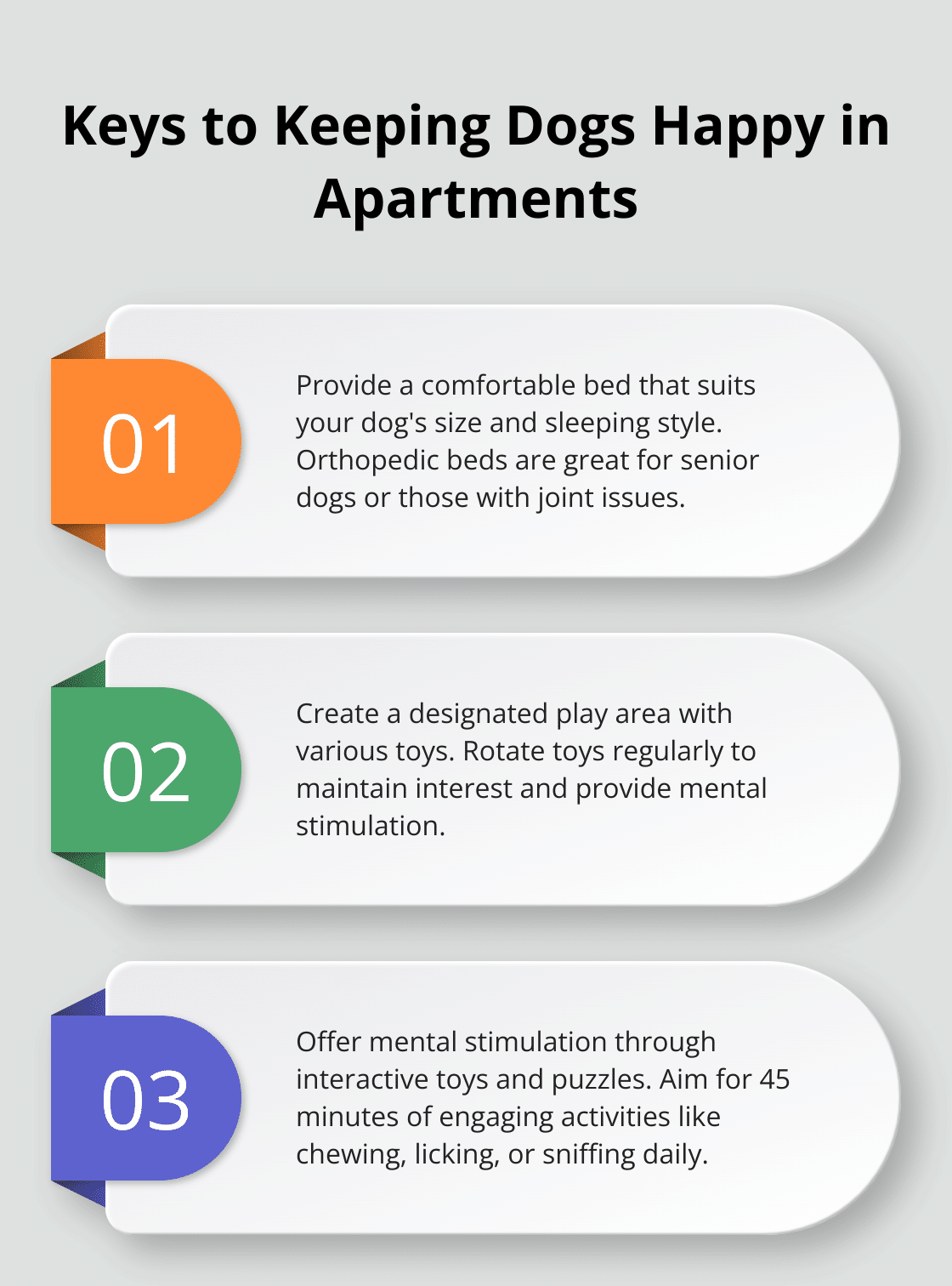 Ordered list chart showing three ways to keep dogs happy in apartments - apartment dog tips