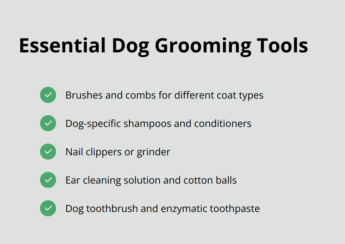 Checklist of essential dog grooming tools including brushes, shampoos, nail clippers, ear cleaning supplies, and dental care items