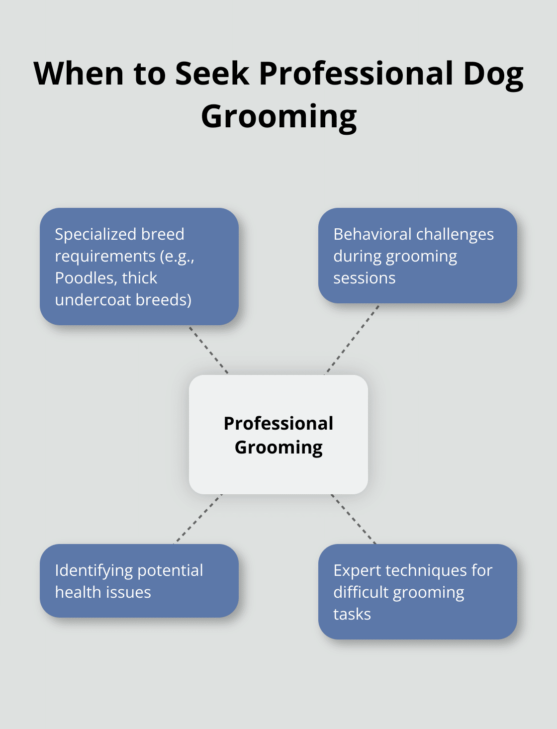 Hub and spoke chart showing reasons to seek professional dog grooming services, including specialized breed requirements, behavioral challenges, health concerns, and expert techniques - dog groomer tips and tricks