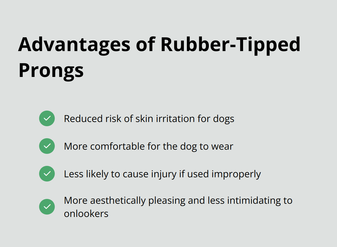 Checklist of four advantages of rubber-tipped prongs over standard metal prongs: reduced skin irritation risk, increased comfort, lower injury risk, and improved aesthetics. - dog prong collar with rubber tips
