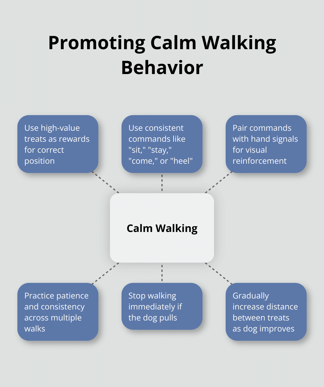 Hub and spoke chart showing techniques for promoting calm dog walking behavior: Use high-value treats, Consistent commands, Hand signals, Patience and consistency, Stop when pulling, and Gradual reward reduction.