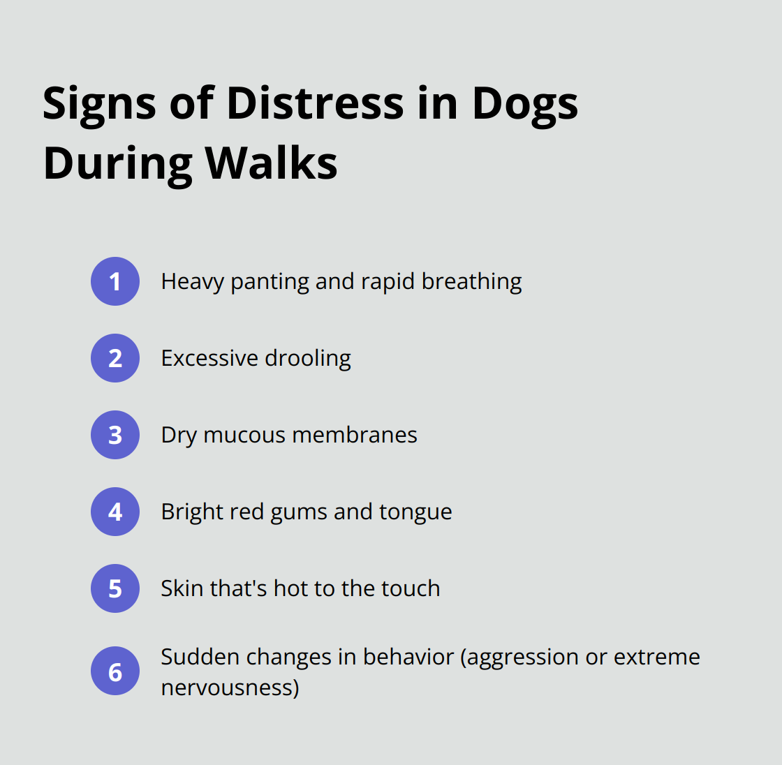 Ordered list of 6 signs of distress in dogs: Heavy panting and rapid breathing, Excessive drooling, Dry mucous membranes, Bright red gums and tongue, Hot skin to the touch, and Sudden behavioral changes. - dog walking tips for dog walkers