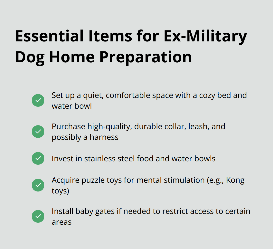 A checklist of essential items needed to prepare a home for an ex-military dog, including a safe haven, durable equipment, and training resources. - how to adopt ex military dogs