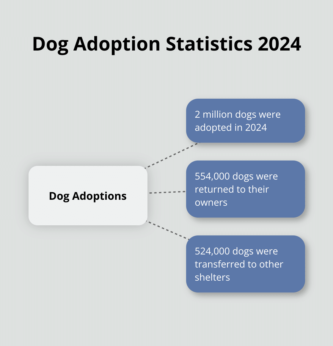 Hub and spoke chart showing dog adoption statistics for 2024: 2 million dogs adopted, 554,000 returned to owners, and 524,000 transferred to other shelters. - best dogs for seniors to adopt