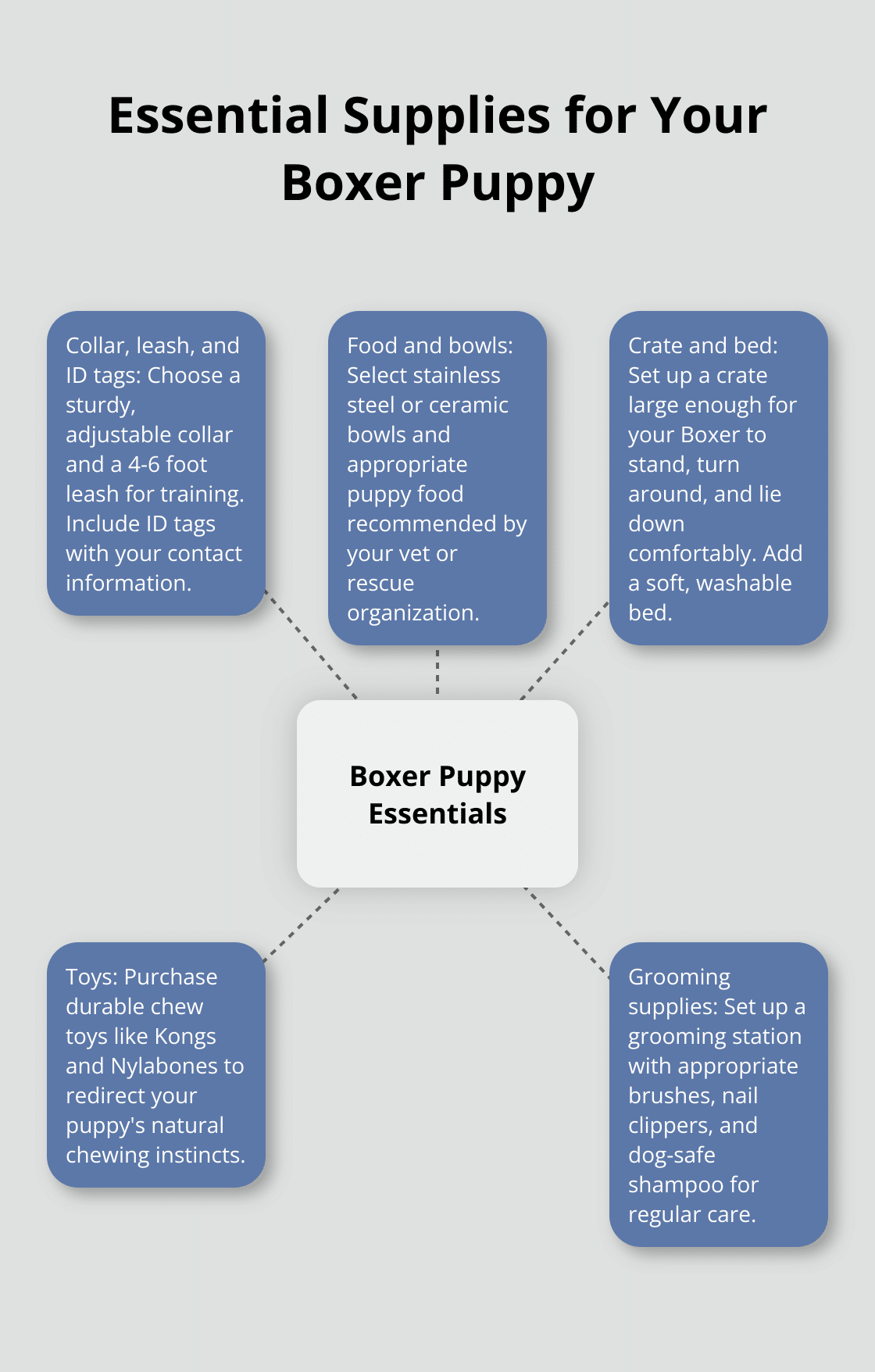 Hub and spoke chart showing essential supplies for a new Boxer puppy, including collar and leash, food and bowls, crate and bed, toys, and grooming tools - boxer dog puppy rescue