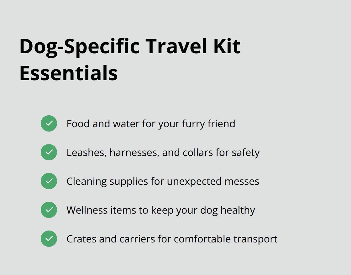 Checklist of 5 essential items for a dog travel kit: food and water, leashes/harnesses/collars, cleaning supplies, wellness items, and crates/carriers. - dog car travel tips