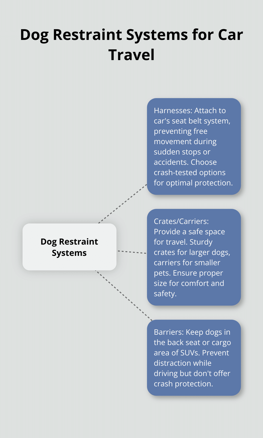 Hub and spoke chart showing three types of dog restraint systems for car travel: harnesses, crates/carriers, and barriers.