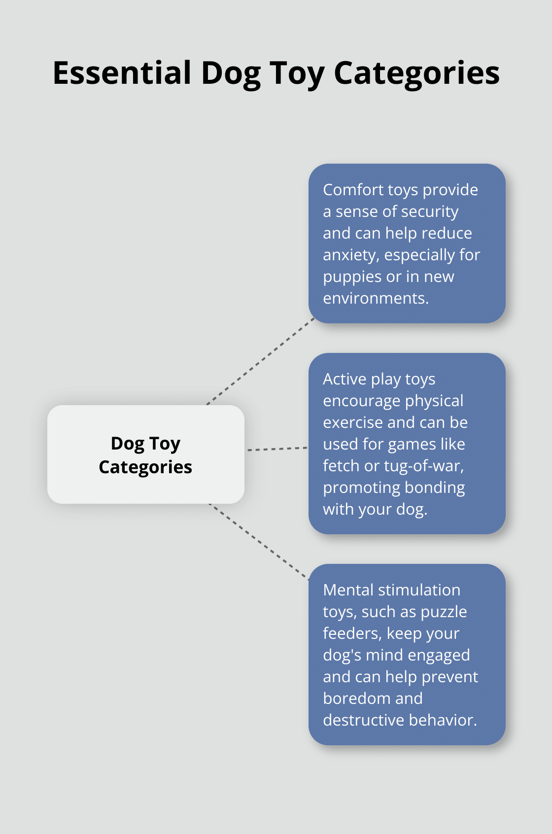 A hub and spoke chart showing three essential dog toy categories: comfort, active play, and mental stimulation, as recommended by the American Kennel Club.