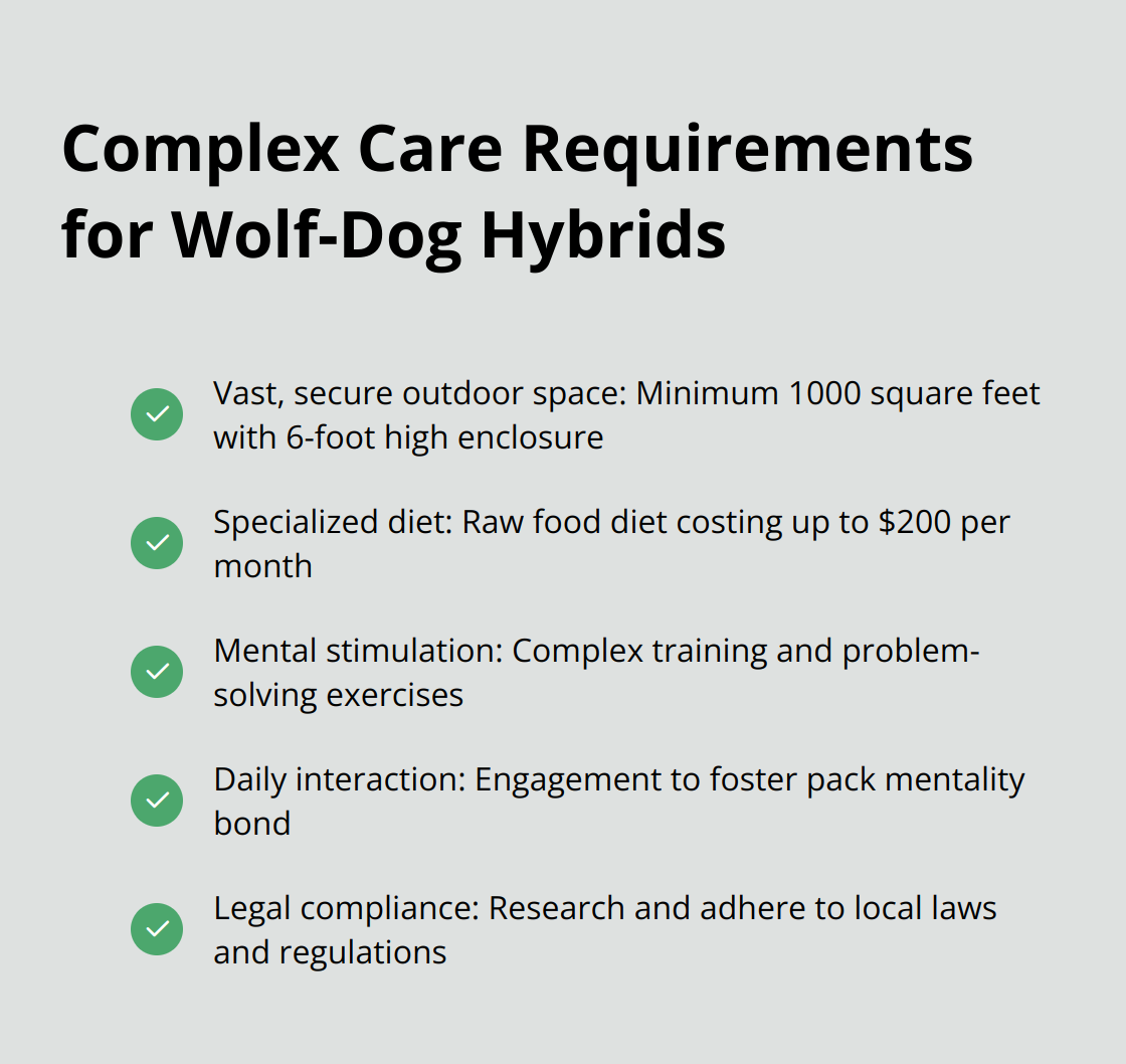 A checklist of essential care requirements for wolf-dog hybrids, including space, diet, and mental stimulation - wolf-dog hybrid rescue